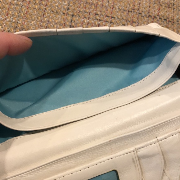 COLE HAAN Ivory Calfskin & Vachetta Leather Long Bifold Wallet Turquoise Lining - Picture 16 of 17